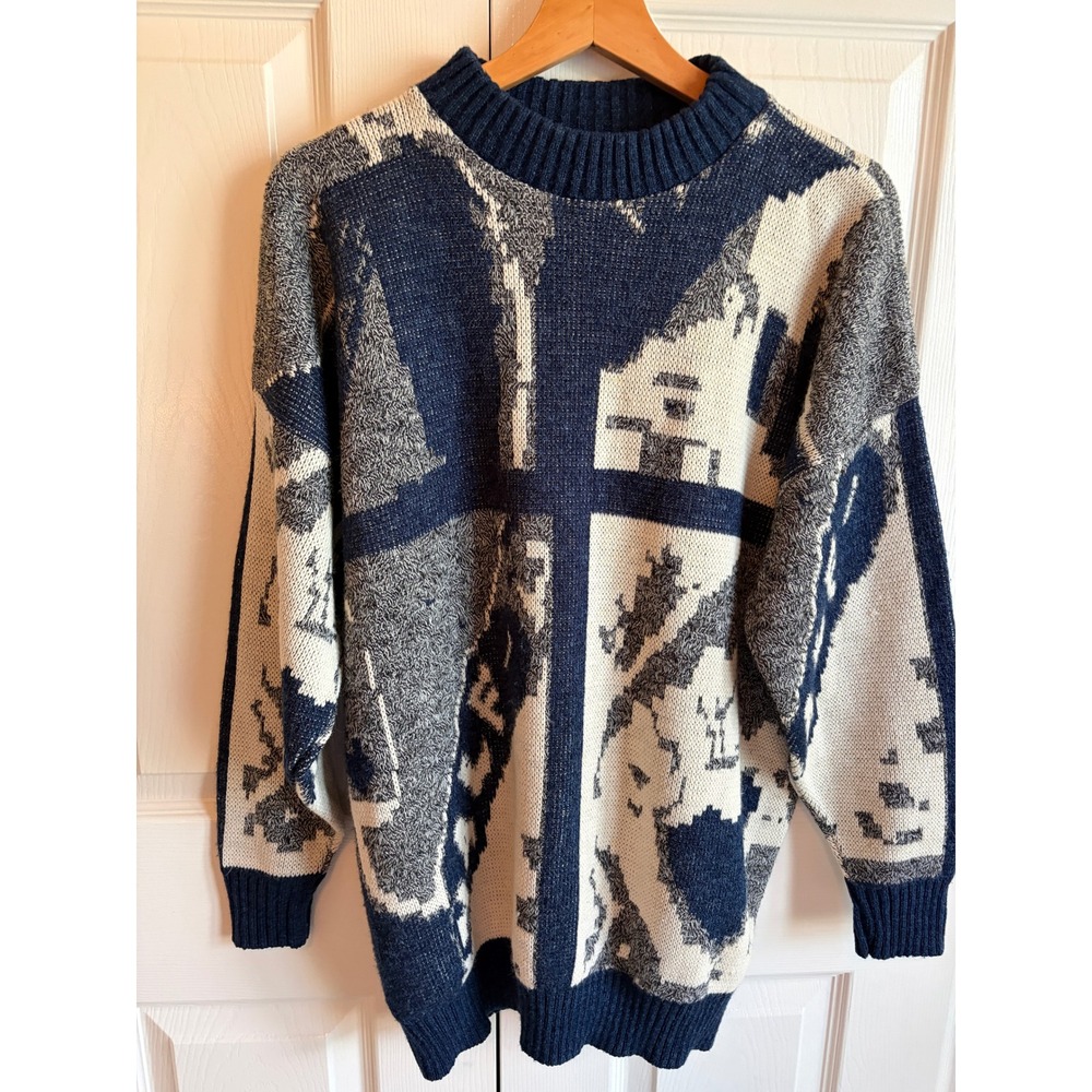 Mens Vintage Abstract Geometric Knit Sweater Navy Blue Grey White Mock Neck XL